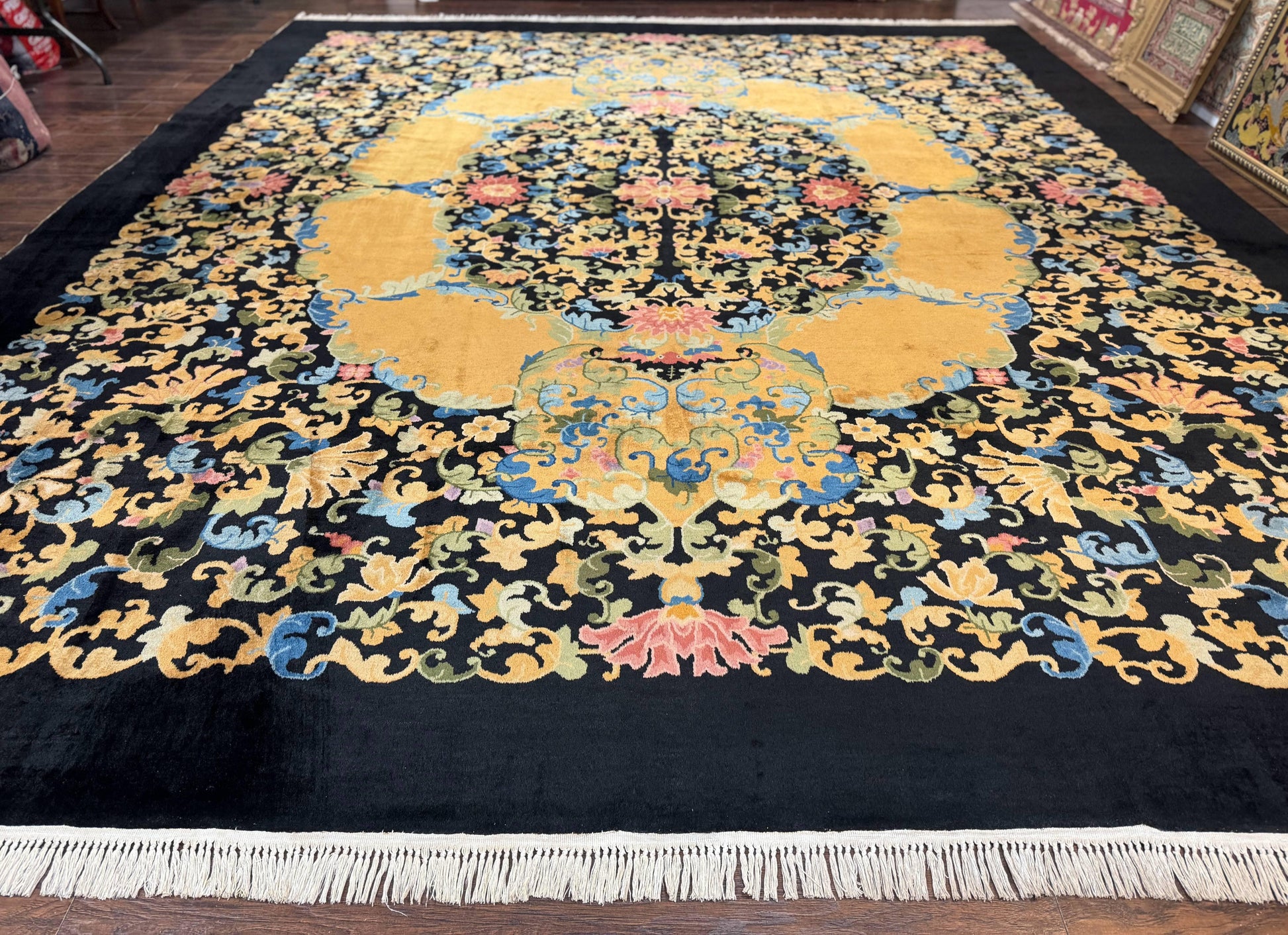 Antique Chinese Peking Rug 12.6 x 14.9, Palace Size Asian Oriental Carpet, Art Deco Rug, Rare - Nuvé
