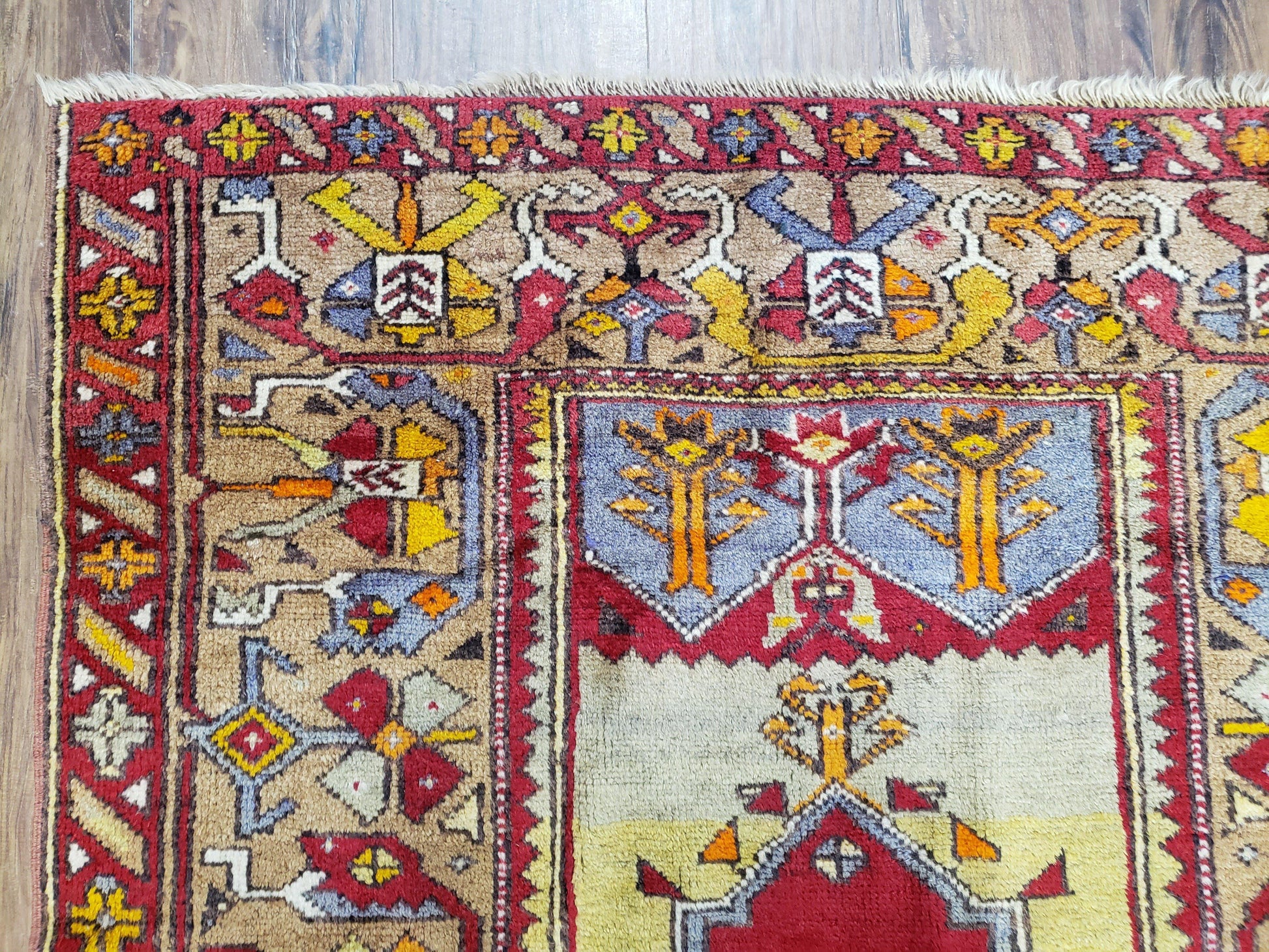Antique Turkish Prayer Rug 3.8 x 5ft, Colorful Prayer Rug, Red Blue Gold Multicolor Turkish Anatolian Carpet, Handmade Hand-Knotted, Wool - Nuvé