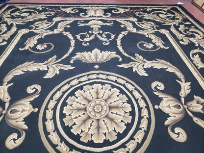 Black and Tan Aubusson Rug, 10 x 14 Aubusson Carpet, New Aubusson Rug, Elegant, Wool, Handmade Area Rug, Flatweave Rug, Large Aubusson Rug - Nuvé