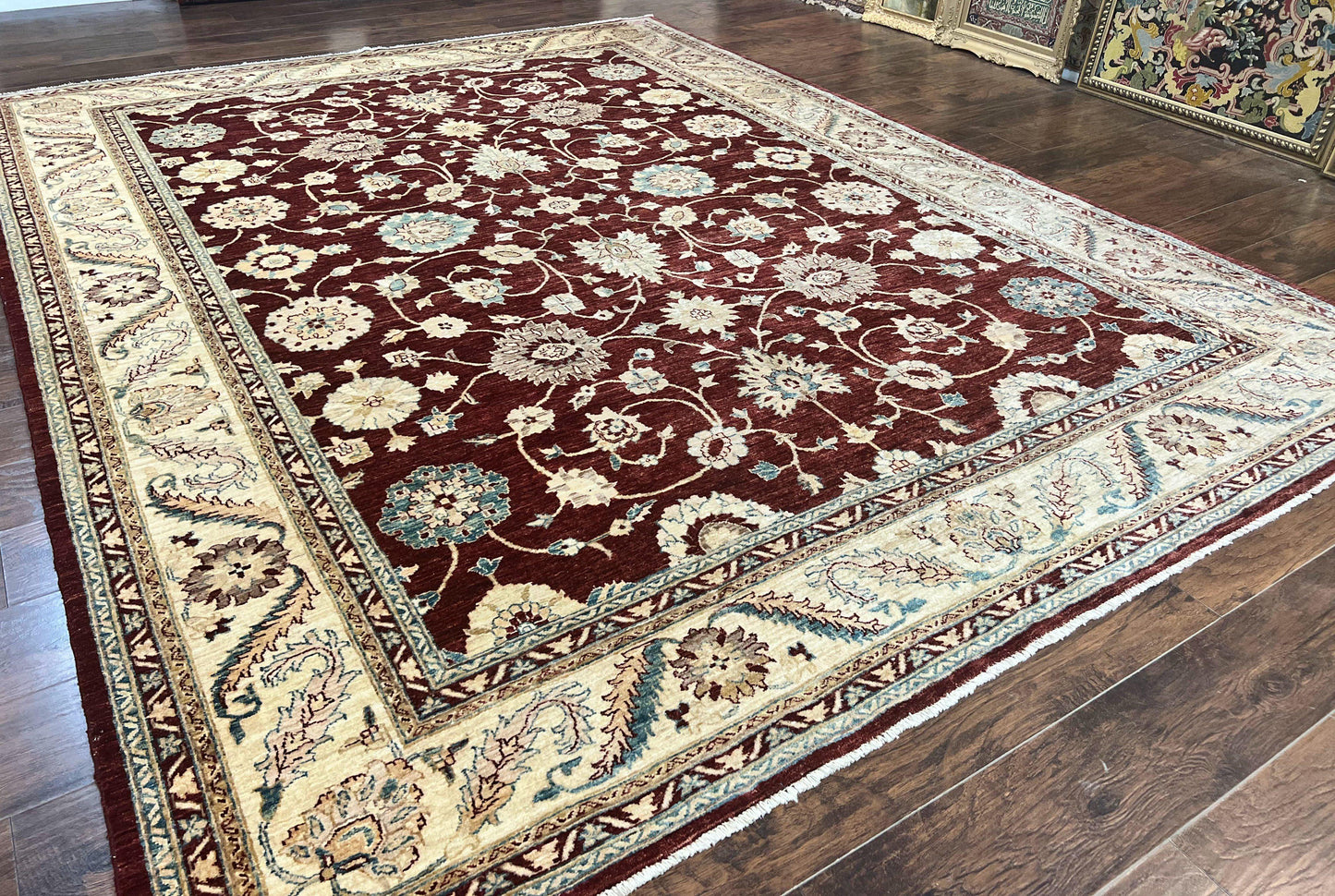 Peshawar Rug 9x11, Pakistani Oriental Carpet, Maroon and Beige, Floral Allover, Wool Hand Knotted Handmade Vintage Rug - Nuvé