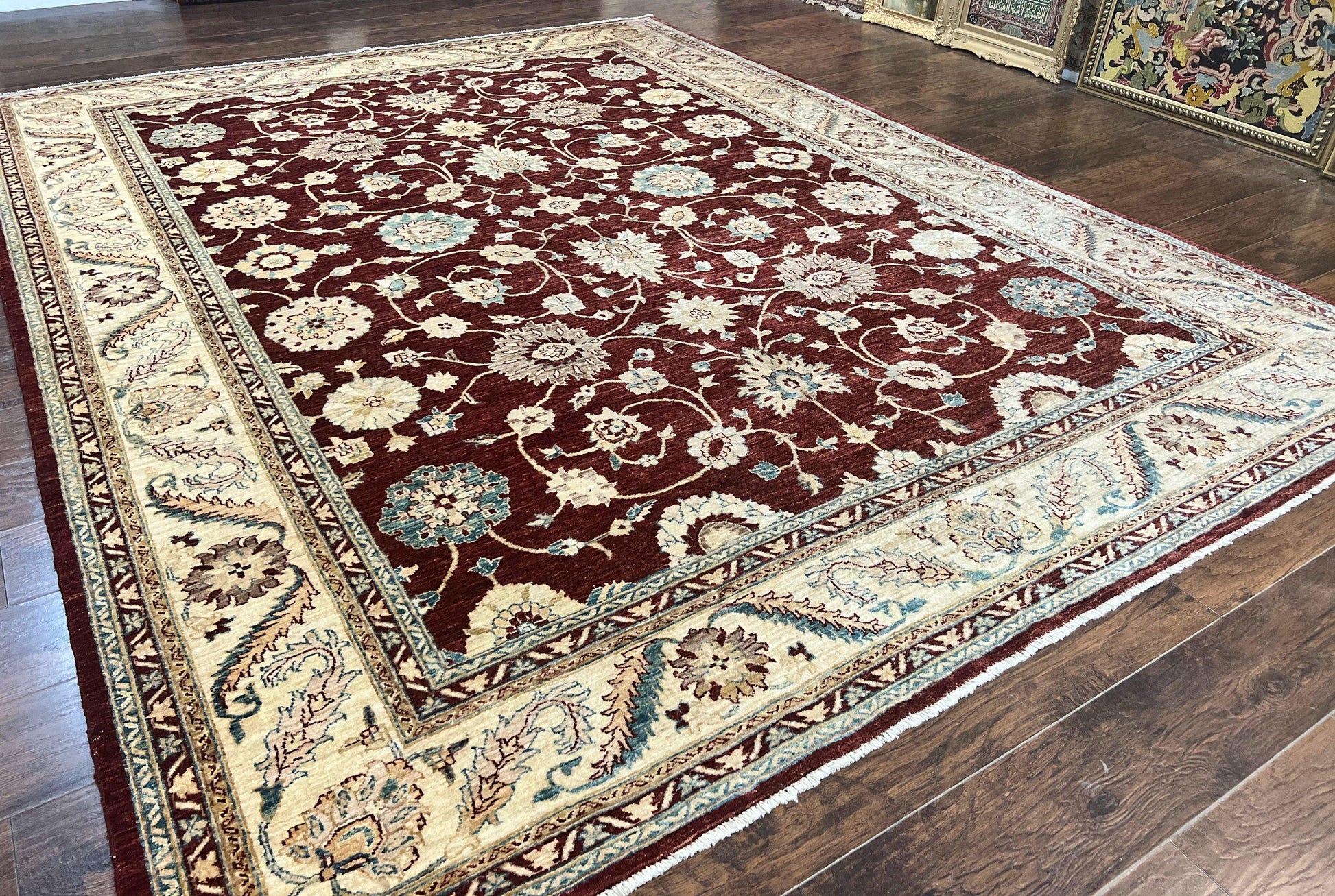 Peshawar Rug 9x11, Pakistani Oriental Carpet, Maroon and Beige, Floral Allover, Wool Hand Knotted Handmade Vintage Rug - Nuvé