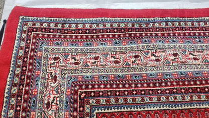 Persian Sarouk Mir Pattern, Red and Beige, Hand-Knotted, Wool, Paisley Boteh Design, 9'9" x 13', Semi Antique - Nuvé