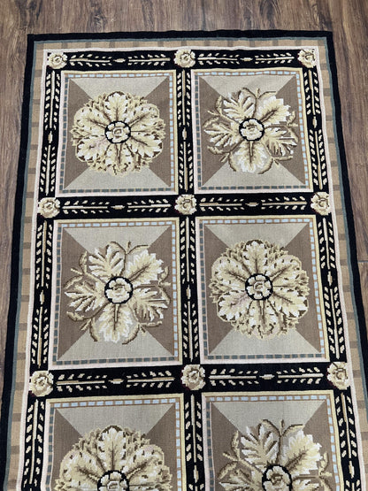 Needlepoint Runner Rug 3x8 Panel Design Rug, Flatweave Runner Rug, English Design, Floral, Short Runner Rug, Black and Beige Wool Hand-Woven - Nuvé