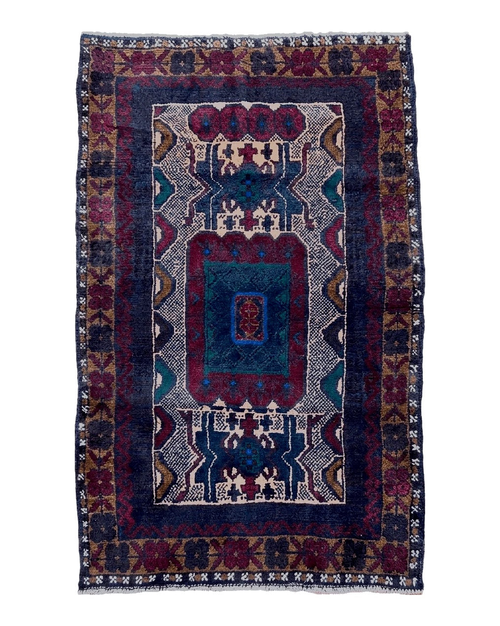 3x5 vintage handmade tribal wool rug with red and beige Balouchi design from Jewel Rugs, Afghan-style decorative rug.