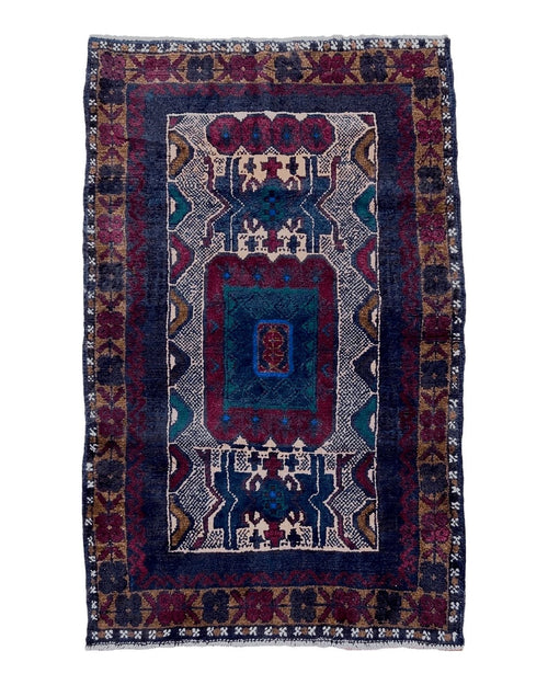 3x5 vintage handmade tribal wool rug with red and beige Balouchi design from Jewel Rugs, Afghan-style decorative rug.