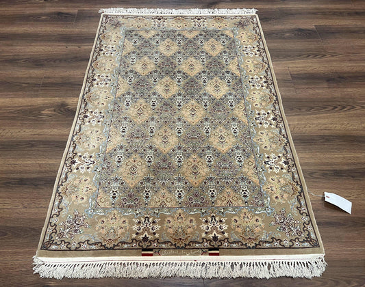 Super Fine Persian Isfahan Rug 3x5 ft, Kork Wool on Silk Foundation, Repeated Floral Motif, Taupe Tan Hand Knotted Oriental Carpet 3 x 5 ft, Signed - Nuvé