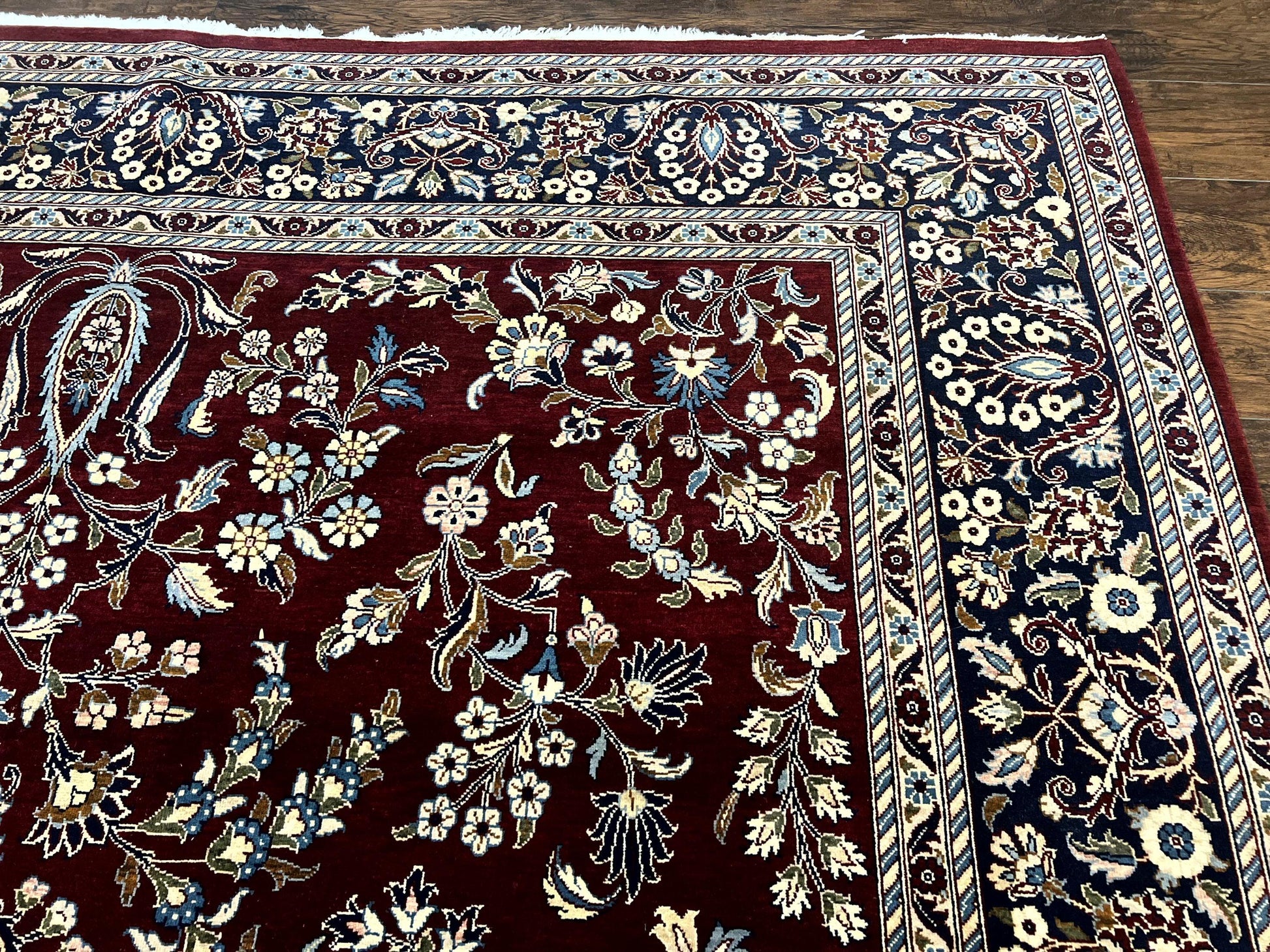 Indo Persian Sarouk Rug 9x12, Floral Allover, Dark Red & Navy Blue, Handmade Vintage Wool Carpet - Nuvé