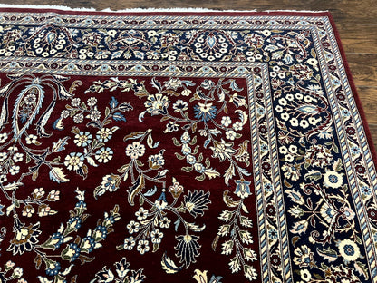 Indo Persian Sarouk Rug 9x12, Floral Allover, Dark Red & Navy Blue, Handmade Vintage Wool Carpet - Nuvé