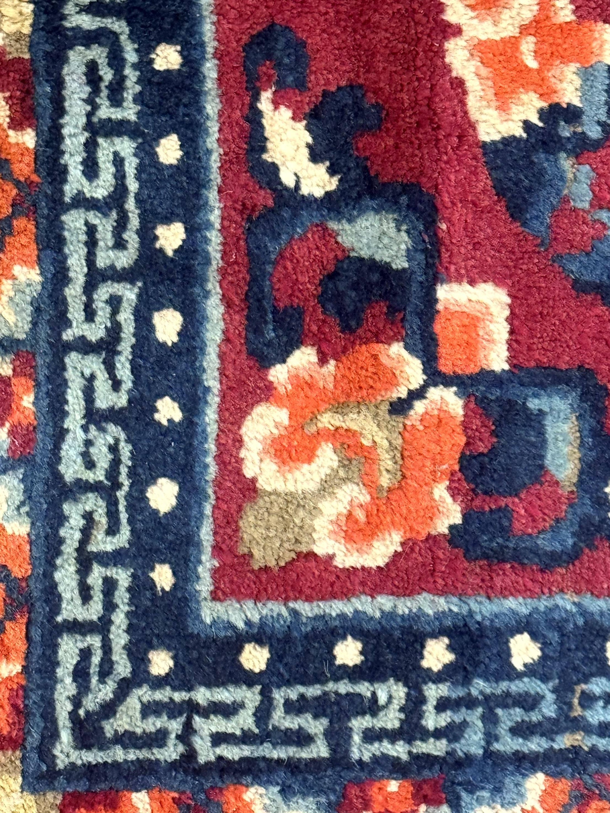 Small Antique Chinese Square Rug 2x3, Tibetan Rug, Red Orange Blue, 1920s Rug - Nuvé