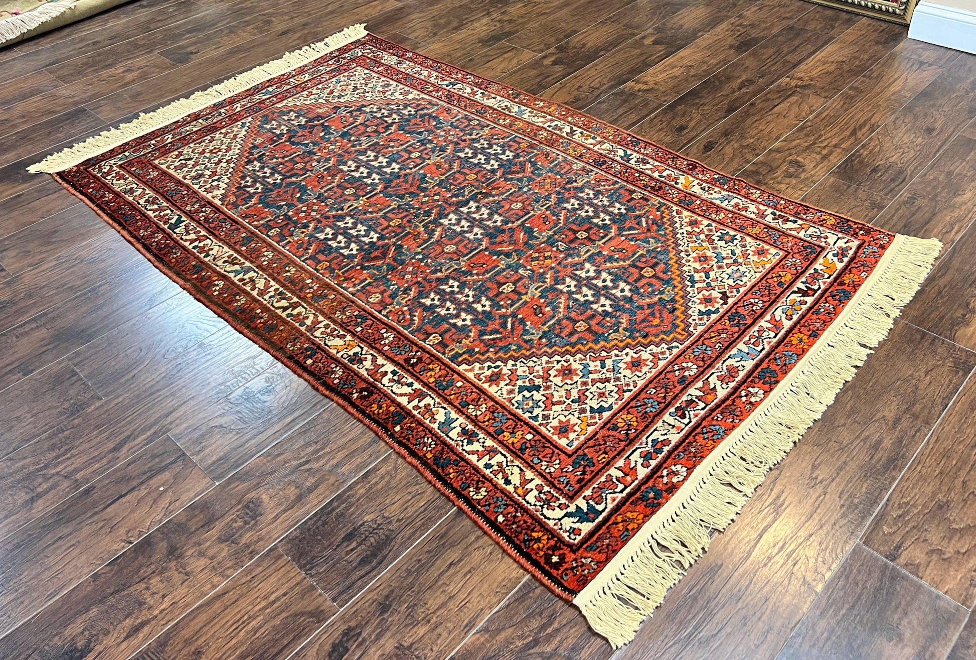 Persian Malayer Rug 4x7, Tribal Rug, Geometric, Antique Oriental Carpet, Red Blue Cream, Boho Rug, Hand Knotted Wool Rug - Nuvé