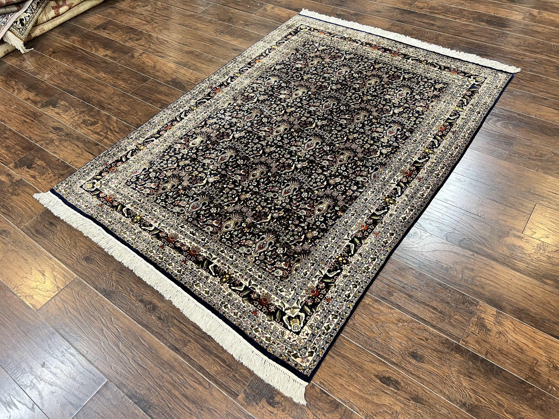 Silk Indian Kashmiri Rug 5x7, Navy Blue Indo Persian Silk Carpet 5 x 7 ft, Hand Knotted Handmade Very Fine Oriental Carpet, 450 KPSI, Birds - Nuvé