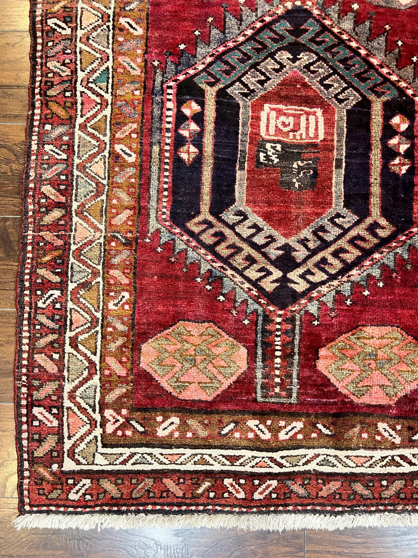Persian Heriz Runner Rug 3.8 x 8.6, Geometric Design, Large Triple Medallions, Hand Knotted Handmade Vintage Wool Hallway Rug, Red - Nuvé