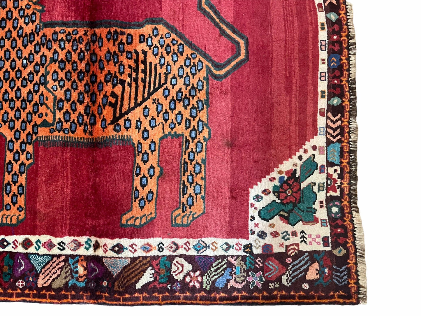 Antique Persian Gabbeh Wool Rug 4x5, Lion Pictorial Rug, Red Orange Black, Hand Knotted Handmade Vintage Gabbeh Carpet 4 x 5 ft, Tribal Rug - Nuvé