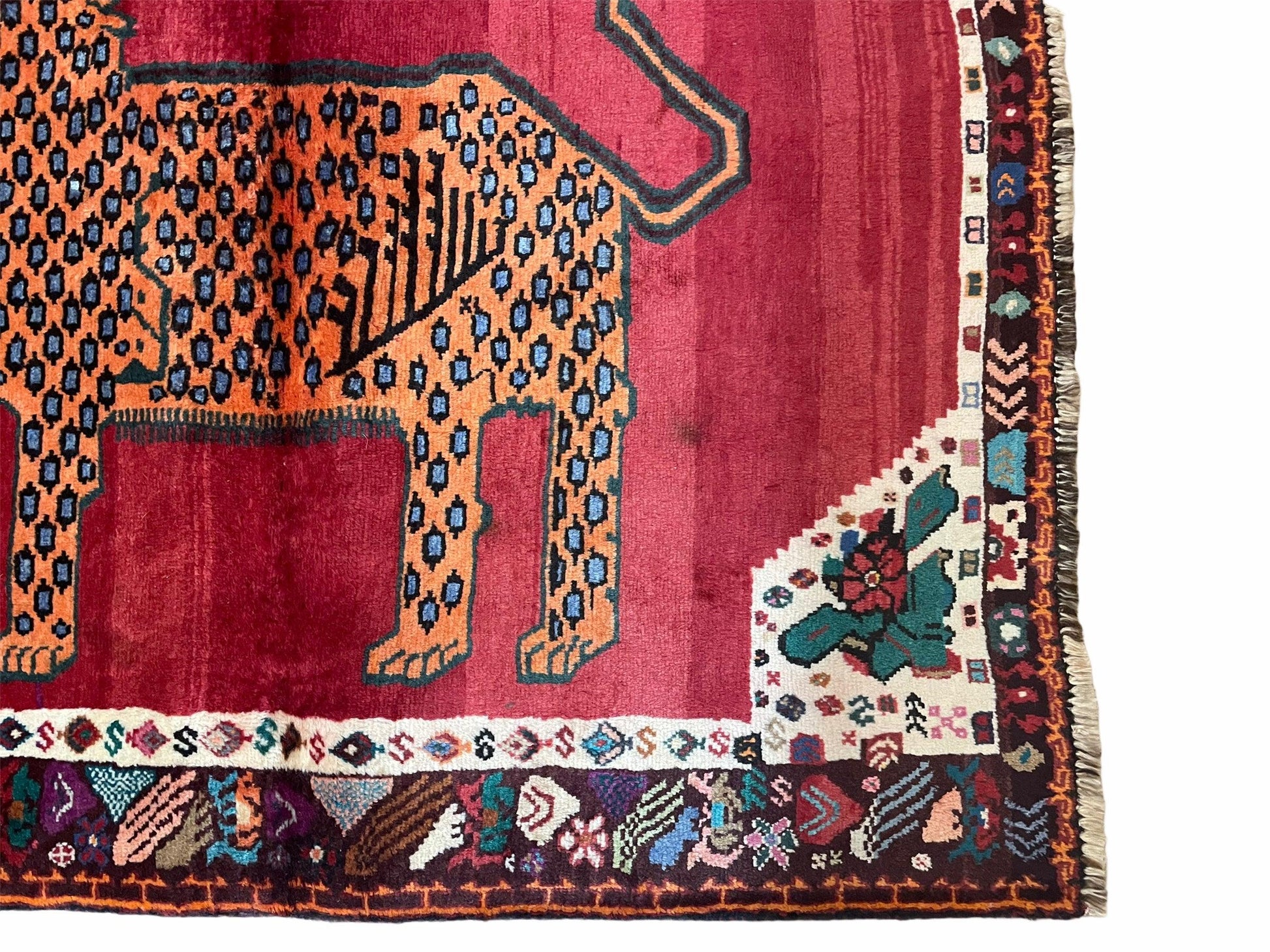 Antique Persian Gabbeh Wool Rug 4x5, Lion Pictorial Rug, Red Orange Black, Hand Knotted Handmade Vintage Gabbeh Carpet 4 x 5 ft, Tribal Rug - Nuvé