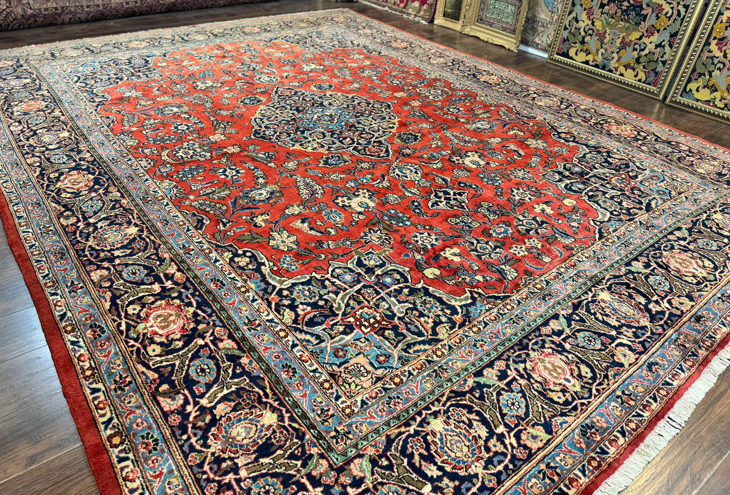 Red Persian Kashan Rug 10x14, Hand-Knotted Semi Antique Floral Medallion Handmade Wool Carpet, Red & Navy Blue - Nuvé