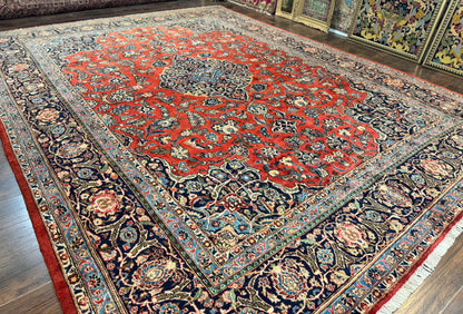 Red Persian Kashan Rug 10x14, Hand-Knotted Semi Antique Floral Medallion Handmade Wool Carpet, Red & Navy Blue - Nuvé