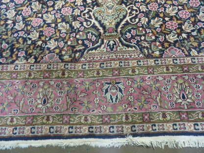 Turkish Sivas Rug 7x11, Navy Blue & Pink, Millifluer Floral Wool Carpet, Vintage - Nuvé