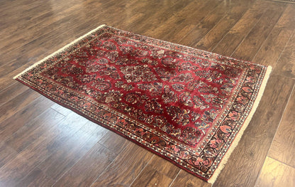 Antique Persian Sarouk Rug 4x7, Hand Knotted Wool Red Persian Carpet, Floral