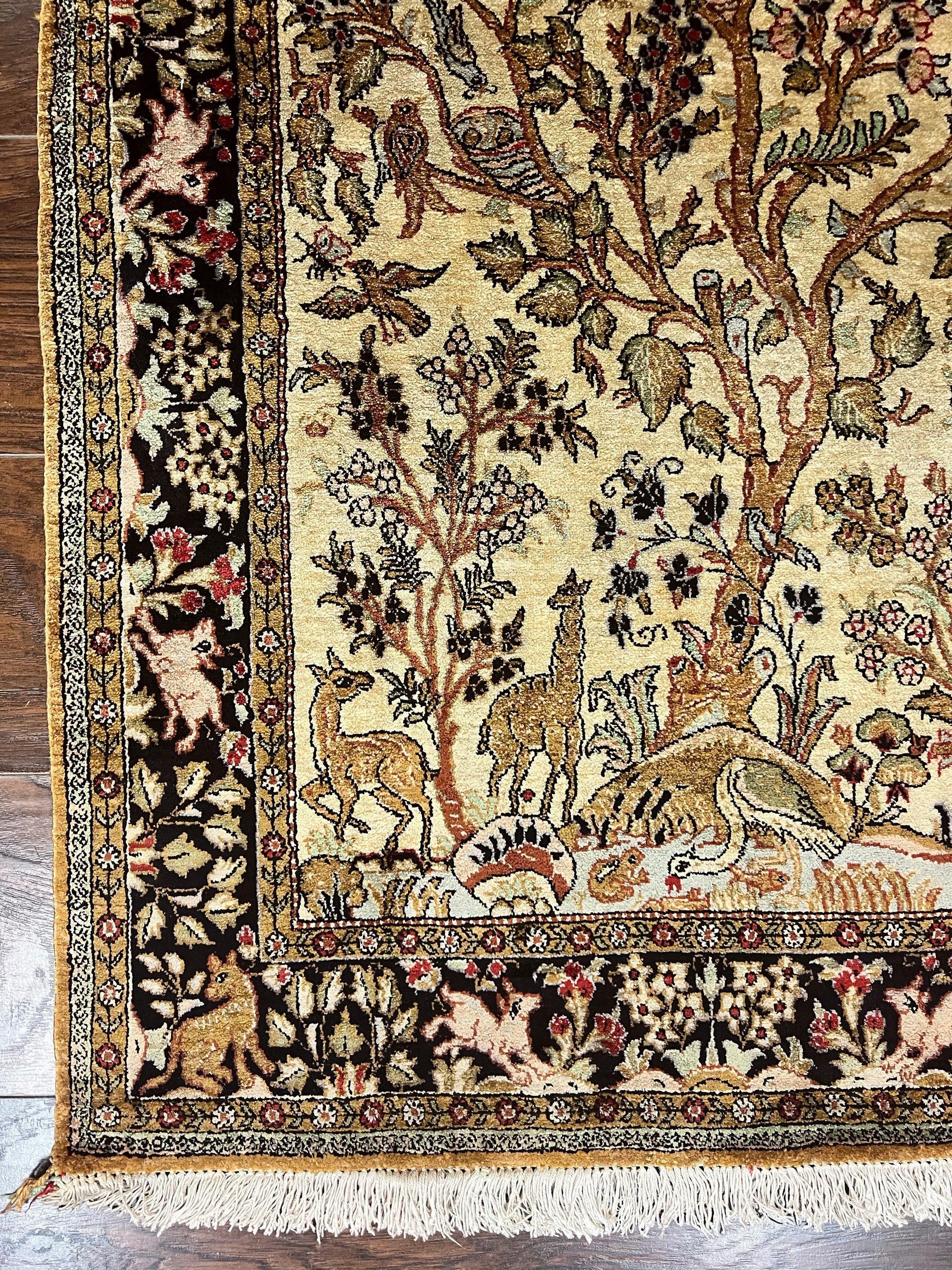 Silk Tree of Life Persian Qum Rug 3x4, Hand Knotted Vintage Carpet, Cream & Black, Very Fine Oriental Rug, Animal Pictorials, Birds - Nuvé