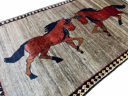 4 X 7 Handmade Hand-Knotted Quality Wool Rug Pictorial Horses Veggie Dyes Tribal - Nuvé