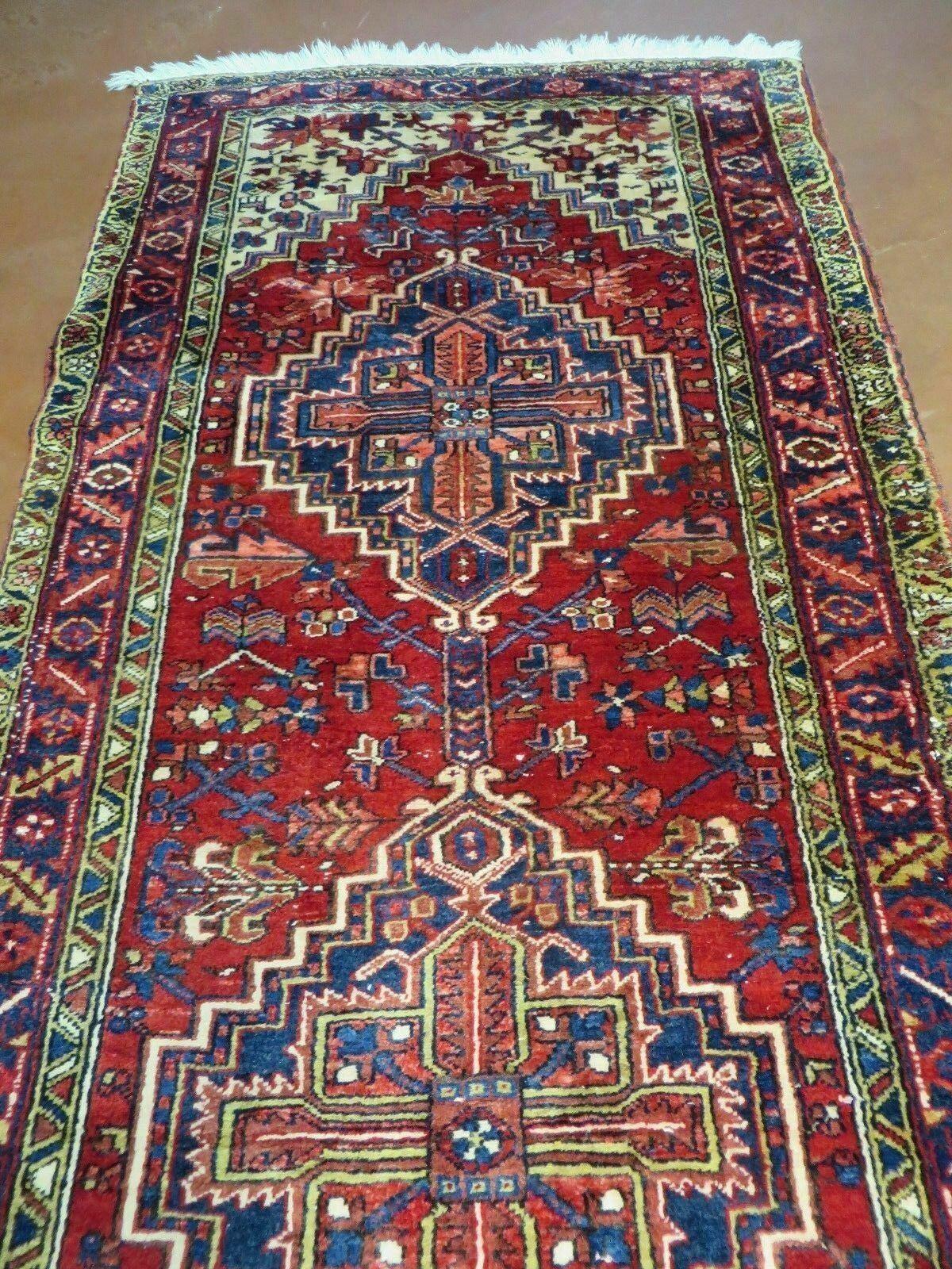 Persian Runner Rug, Heriz Runner Rug, Geometric Medallions, Red Cream Navy Blue Wool Hallway Rug 3.9 x 10.8 Antique Oriental Runner Handmade - Nuvé