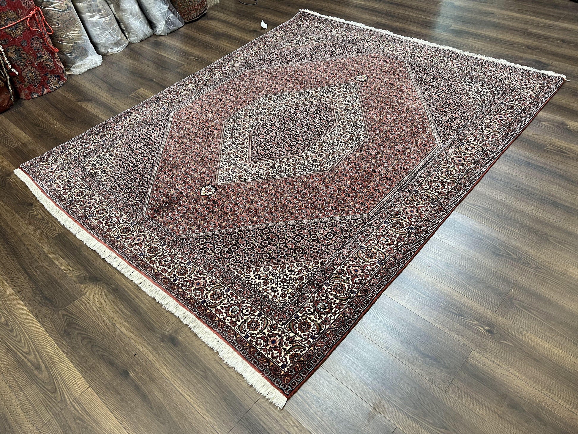 Wonderful Persian Bidjar Rug 7x8 ft, Almost Square Oriental Carpet, Herati Mahi, Highly Detailed, Ivory Red Navy Blue, Very Fine Handmade Bijar Rug - Nuvé