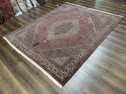 Wonderful Persian Bidjar Rug 7x8 ft, Almost Square Oriental Carpet, Herati Mahi, Highly Detailed, Ivory Red Navy Blue, Very Fine Handmade Bijar Rug - Nuvé