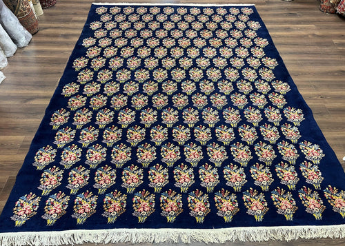 Persian Rug 9x12, Authentic Hand Knotted Carpet, Repeated Floral Motif Garden of Eden, Navy Blue Wool Rug 9 x 12, Semi Antique Kirman Rug - Nuvé