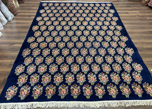 Persian Rug 9x12, Authentic Hand Knotted Carpet, Repeated Floral Motif Garden of Eden, Navy Blue Wool Rug 9 x 12, Semi Antique Kirman Rug - Nuvé