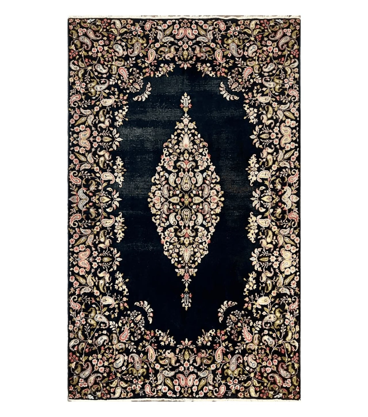 Antique Persian Kirman Rug 5x8, Floral Kirman, Midnight Blue/Black, Semi Open Field, Handmade Vintage Wool Carpet