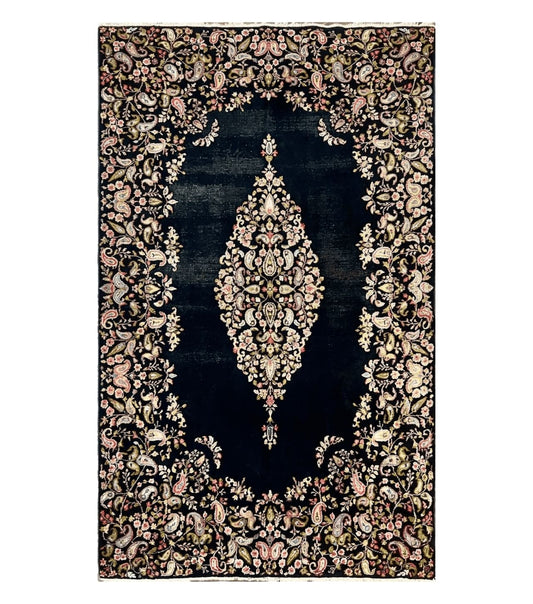 Antique Persian Kirman Rug 5x8, Floral Kirman, Midnight Blue/Black, Semi Open Field, Handmade Vintage Wool Carpet