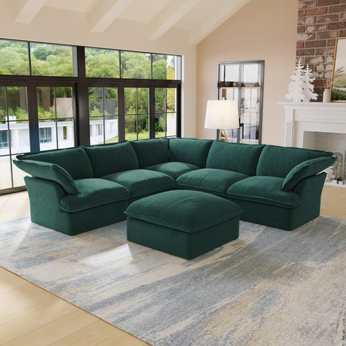 Sabi Modular Boucle Cloud Sofa - Green - 5-Seater Sectional Sofa with Ottoman - Nuvé