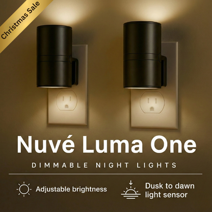 Two Nuvé Luma One dimmable night lights on a wall with 'Christmas Sale' text.