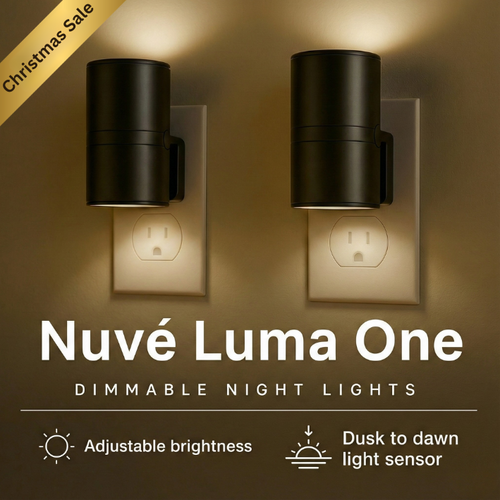 Two Nuvé Luma One dimmable night lights on a wall with 'Christmas Sale' text.