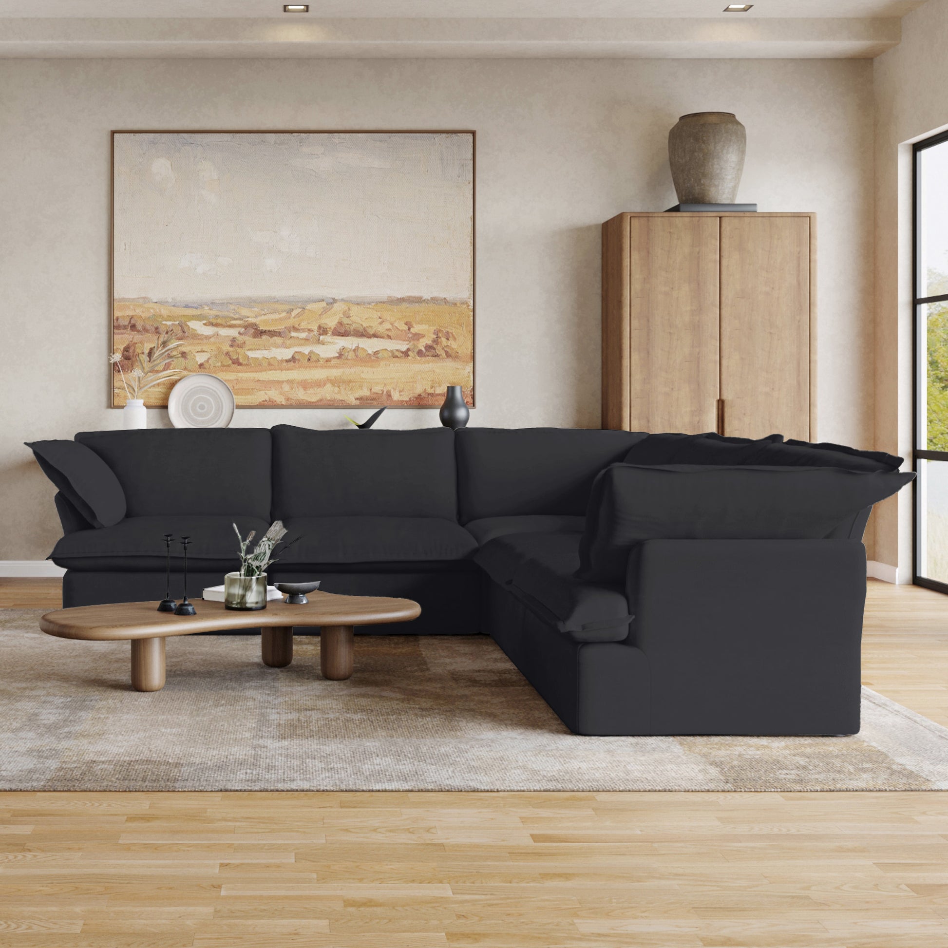 Sabi Modular Boucle Cloud Sofa - Obsidian Black - 5-Seater Corner Sectional (V-Shaped) - Nuvé