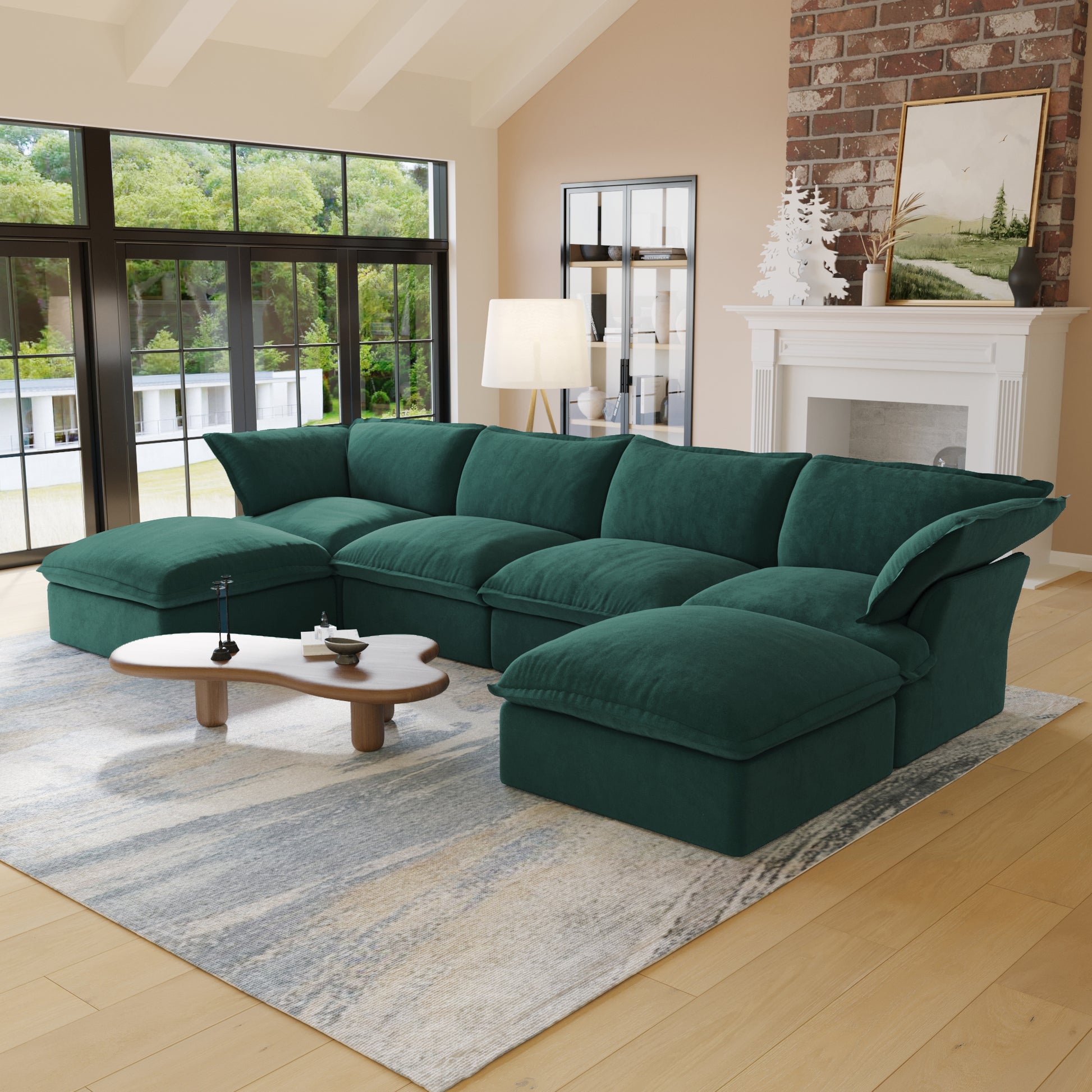 Sabi Modular Boucle Cloud Sofa - Green - 4-Seater Sectional Sofa with 2 Ottomans - Nuvé