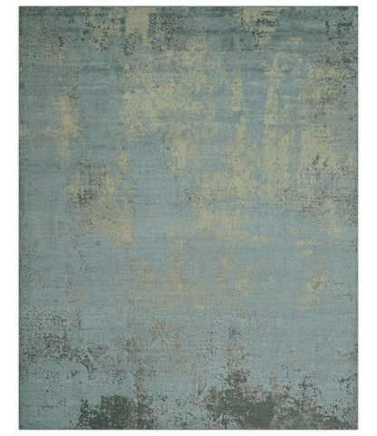 Abstract Design Blue, Beige And Gray 8x10 Hand Knotted Wool and Bamboo Silk Rug - Nuvé