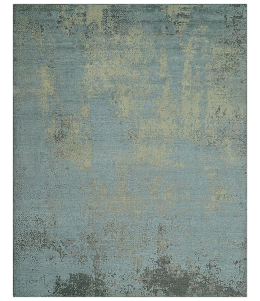Abstract Design Blue, Beige And Gray 8x10 Hand Knotted Wool and Bamboo Silk Rug - Nuvé