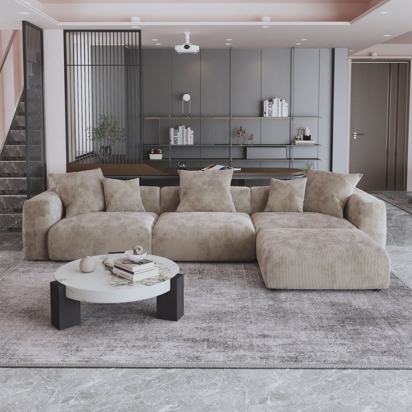 Kanso Corduroy Modular Bouclé Cloud Couch - Brown - 3-Seater Sectional Sofa with Ottoman - Nuvé
