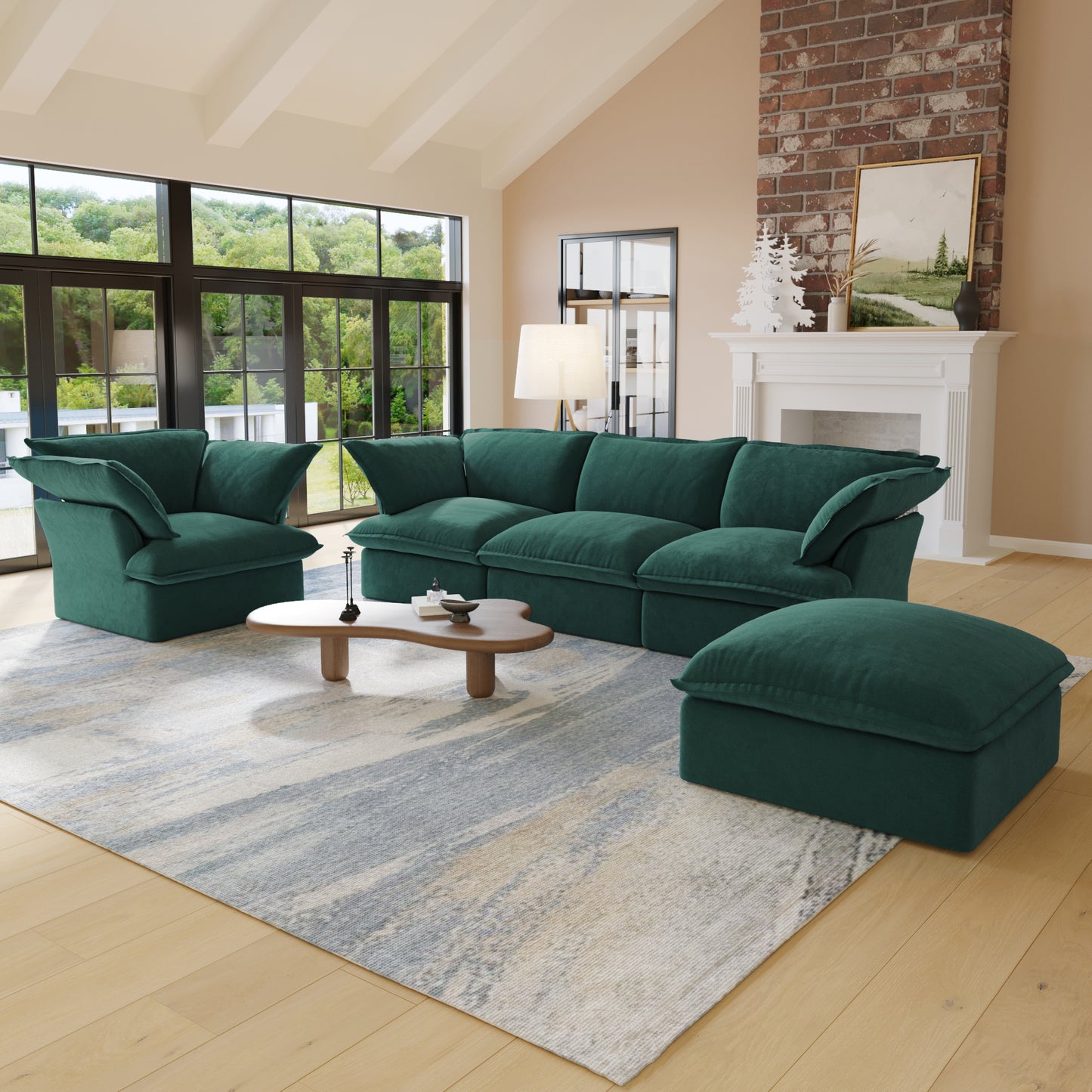 Sabi Modular Boucle Cloud Sofa - Green - 4-Seater Sectional Sofa with Ottoman - Nuvé