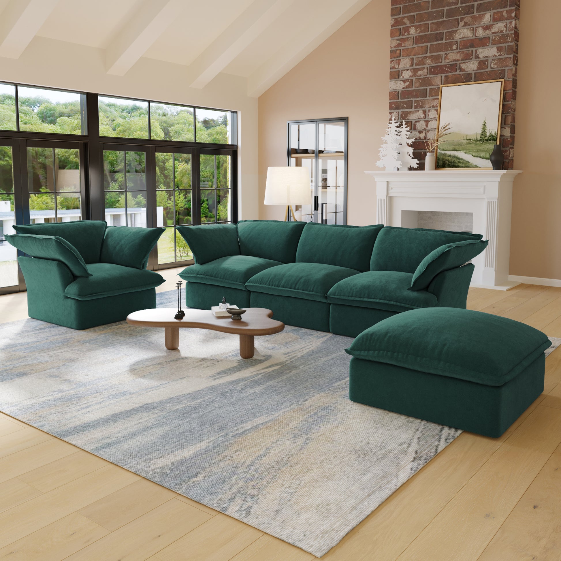 Sabi Modular Boucle Cloud Sofa - Green - 4-Seater Sectional Sofa with Ottoman - Nuvé