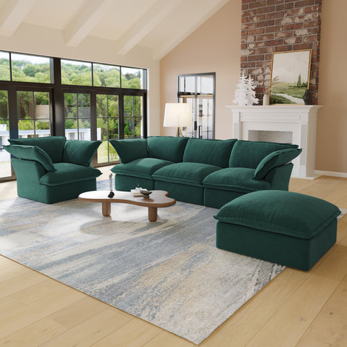 Sabi Modular Boucle Cloud Sofa - Green - 4-Seater Sectional Sofa with Ottoman - Nuvé