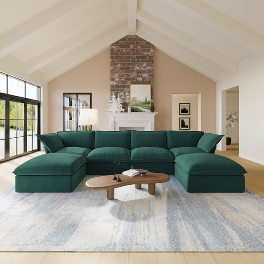 Sabi Modular Boucle Cloud Sofa - Green - 4-Seater Sectional Sofa with 2 Ottomans - Nuvé