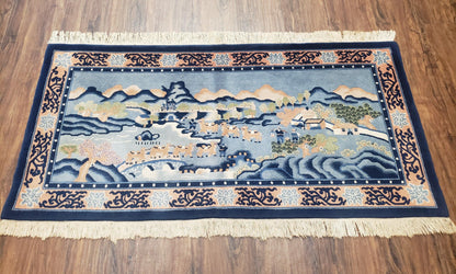 Vintage Chinese Pictorial Rug 2'4" x 4' 7", Chinese Village, Wool Hand-Knotted Blue & Teal Fine Carpet, Tapestry Rug, Woven Wall Art - Nuvé