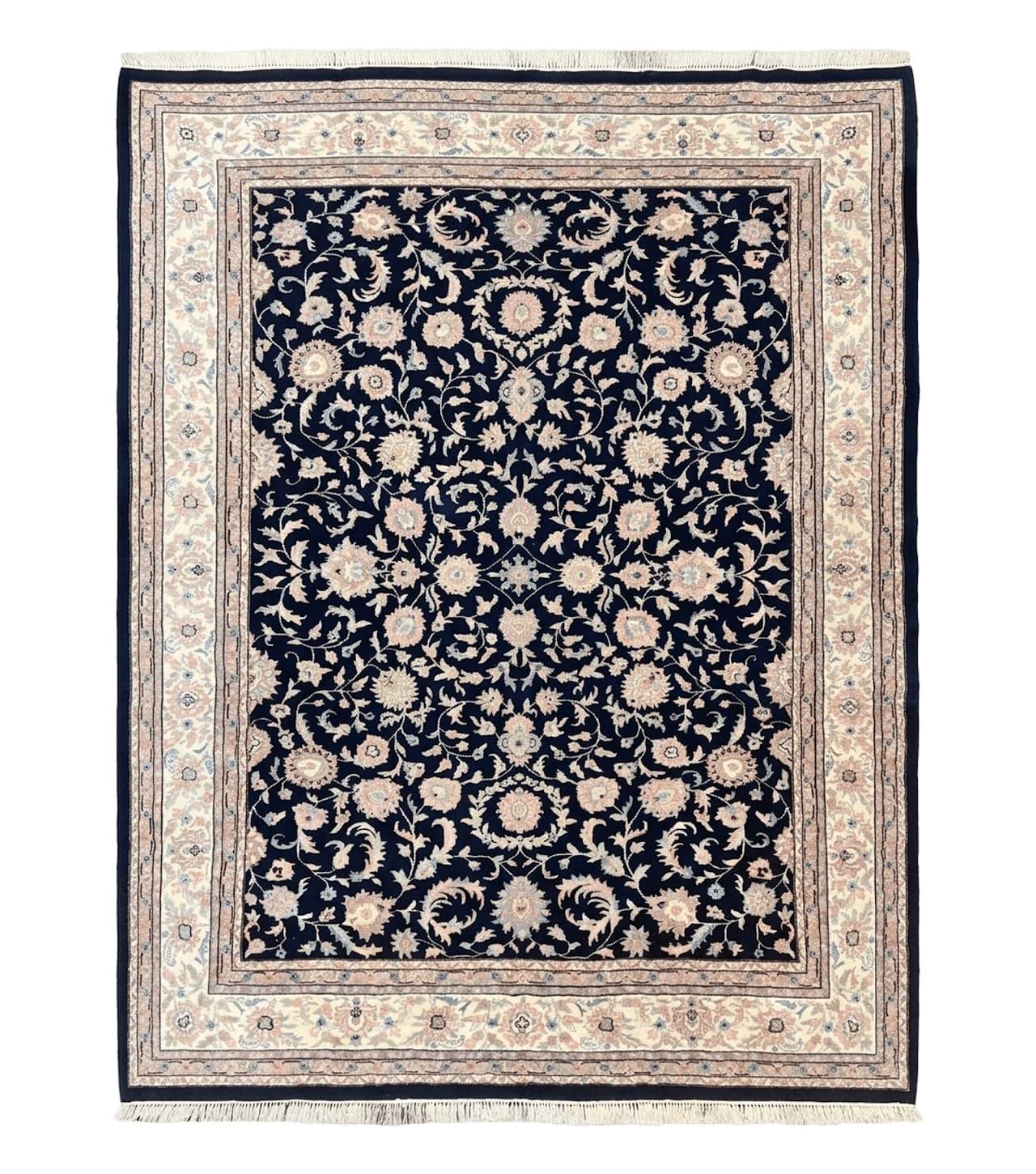 Indo Persian Rug 9x12, Navy Blue and Ivory/Cream, Floral Allover, Wool Vintage Handmade Carpet