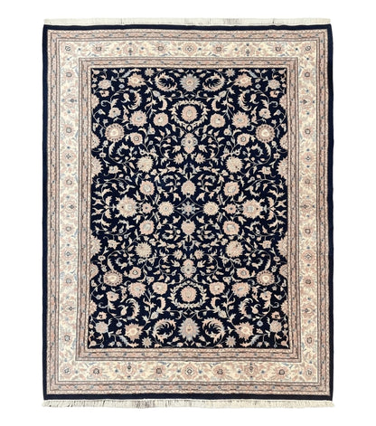 Indo Persian Rug 9x12, Navy Blue and Ivory/Cream, Floral Allover, Wool Vintage Handmade Carpet