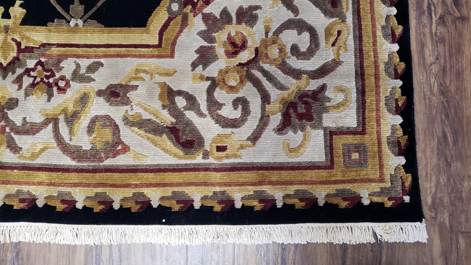 6x9 Nepalese Rug, Aubusson Savonnerie Area Rug 6 x 9 with Soft Pile, Hand-Knotted Wool Black & Beige Tibetan New Carpet European Design - Nuvé