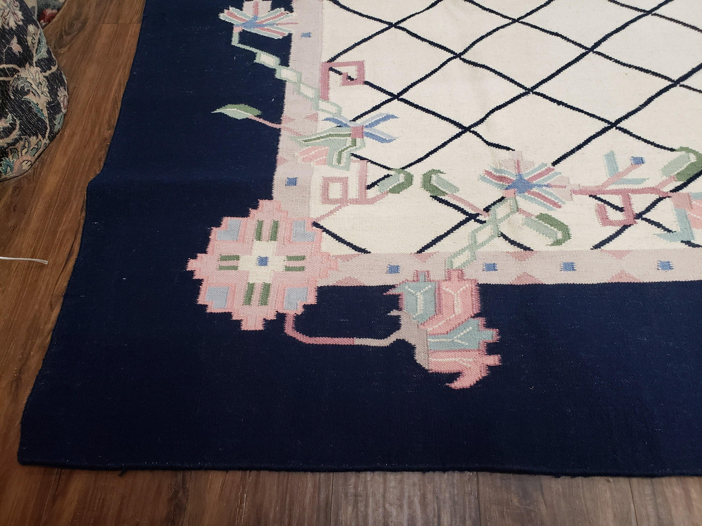 Vintage Dhurrie Rug, Indian Dhurrie 8x11 - 9x11, Wool Hand-Woven Ivory & Black Indo Carpet, Large Flat Weave Rug Living Room Rug Black White - Nuvé