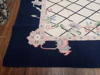 Vintage Dhurrie Rug, Indian Dhurrie 8x11 - 9x11, Wool Hand-Woven Ivory & Black Indo Carpet, Large Flat Weave Rug Living Room Rug Black White - Nuvé