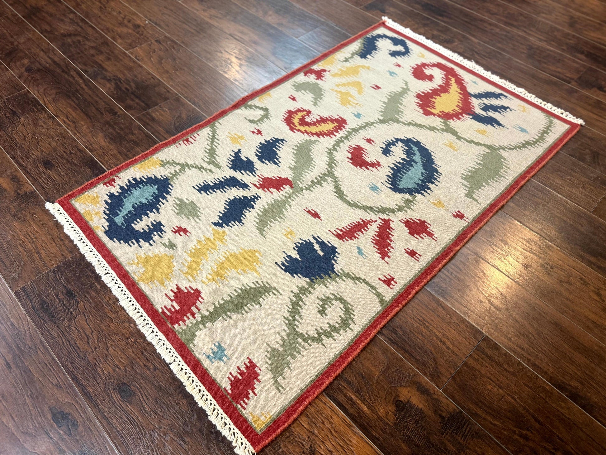Indian Kilim Flatweave Rug 3x5, Abstract, Beige and Multicolor Flowers, Handmade - Nuvé